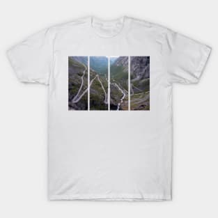 Wonderful landscapes in Norway. Vestland. Beautiful scenery of Trollstigen winding roads and valley on the Geiranger Trollstigen scenic route at midnight sun. Snowed mountains, stream T-Shirt